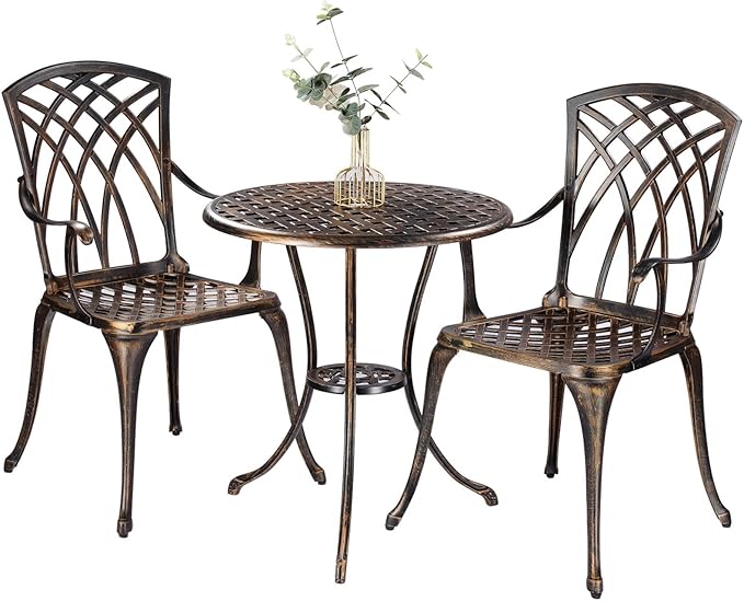 Bistro Set 3 Piece Rustproof Cast Aluminum Patio Furniture Sets Round Table with Umbrella Hole for Outdoor, Patio, Balcony, Bronze
