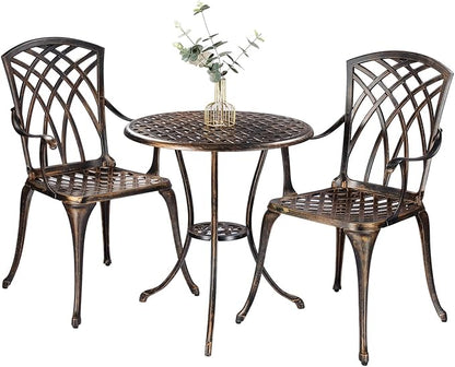 Bistro Set 3 Piece Rustproof Cast Aluminum Patio Furniture Sets Round Table with Umbrella Hole for Outdoor, Patio, Balcony, Bronze
