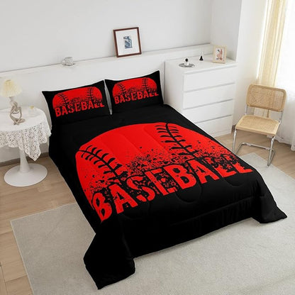 Baseball Comforter Set Twin Size Kids Red Black Sports Quilt Bedding Set For Boys Girls,Reversible Black Bedding Comforter Sets Soft Lightweight For All Season,1 Comforter And 1 Pillow Case