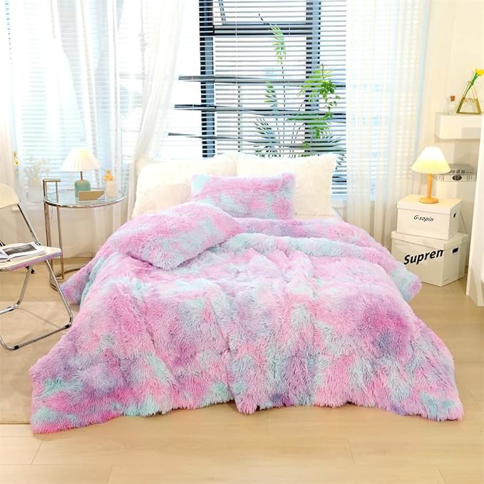 Faux Fur Kids Girls Purple Rainbow Comforter Sets Twin/Full - 3PC Bed Set Warm Comfortable Soft Plush Flannel Velvet Fluffy Fuzzy Bedding（Comforter x 1 Pillowcases x 2）