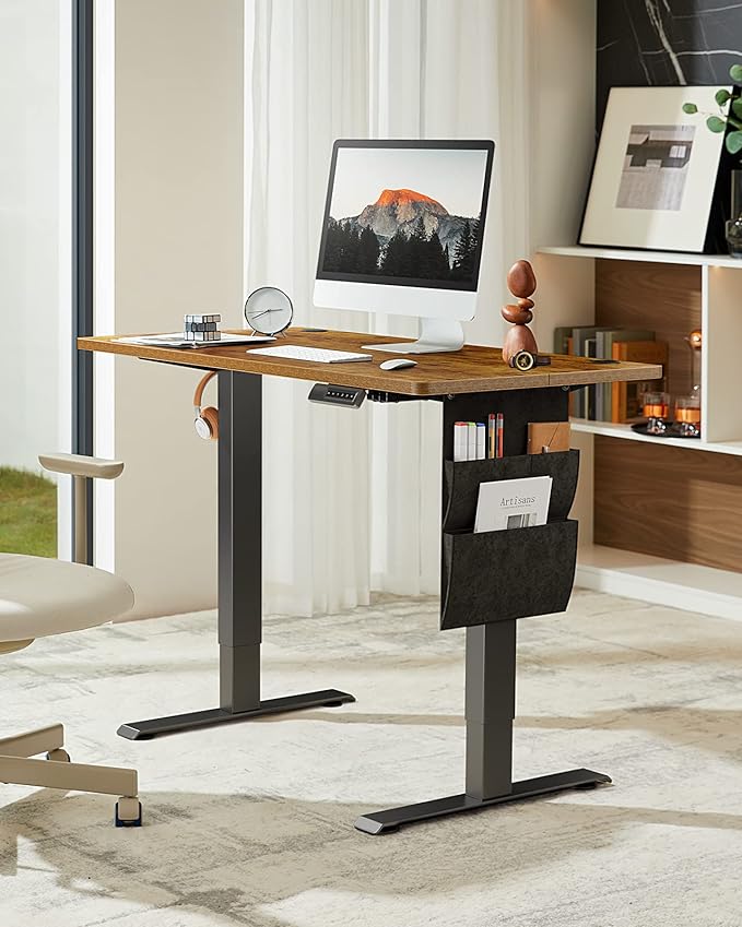 Standing Desk Adjustable Height, Electric Standing Desk with Starage Bag, Stand up Desk for Home Office Computer Desk Memory Preset with Headphone Hook, 48x24 Inch, Rustic