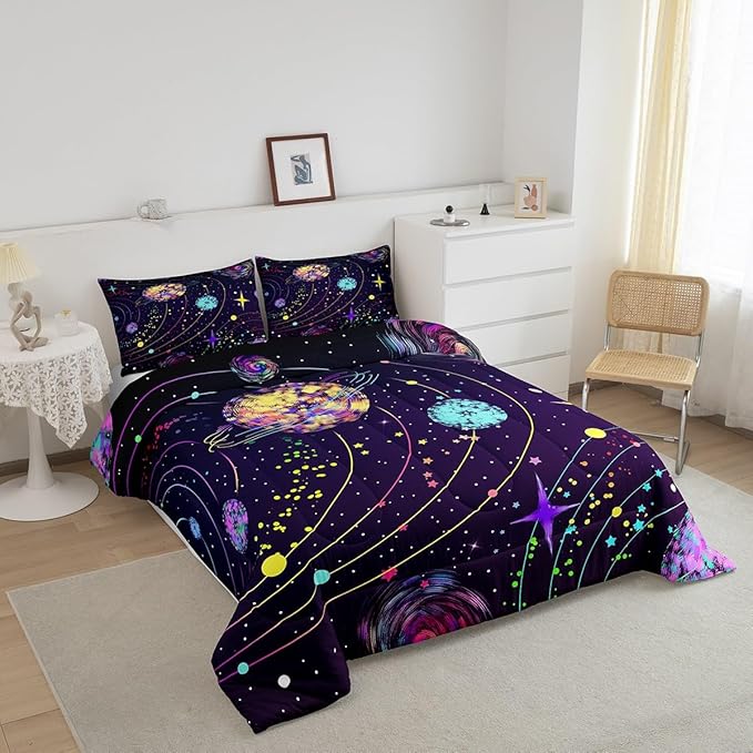 Feelyou Solar System Comforter Set Twin Size Outer Space Comforter for Kids Teens Adults Universe Planets Bedding Set Cute Astronaut Purple Duvet Set Room Decor 2Pcs with 1 Pillow Case