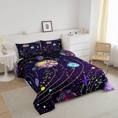 Feelyou Solar System Comforter Set Twin Size Outer Space Comforter for Kids Teens Adults Universe Planets Bedding Set Cute Astronaut Purple Duvet Set Room Decor 2Pcs with 1 Pillow Case