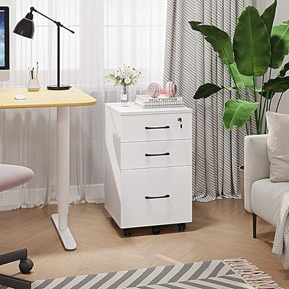 Panana 3 Drawer Wood Mobile File Cabinet, Under Desk Storage Drawers Small File Cabinet for Home Office (White)