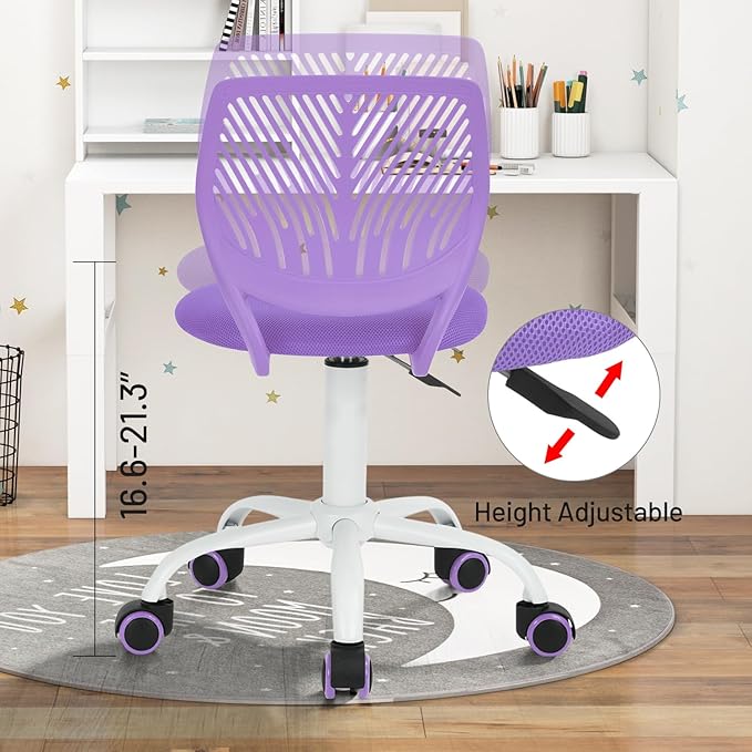 FurnitureR Desk Chair Small Study Chairs Armless for Child Kids Teens, Swivel Rolling Lightweight Mid Back Task Chair with Wheels and Mesh Padded Cushion, Purple