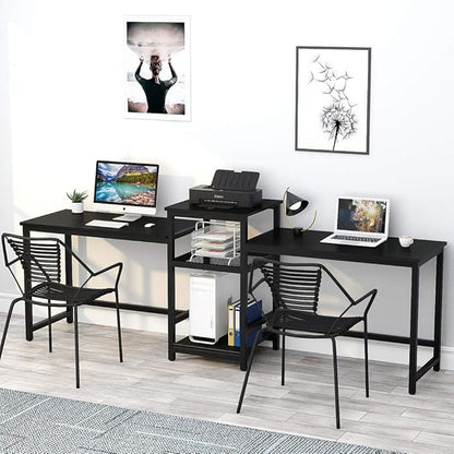 Tribesigns 96.9" Double Computer Desk with Printer Shelf, Extra Long Two Person Desk Workstation with Storage Shelves, Large Office Desk Study Writing Table for Home Office (Black)