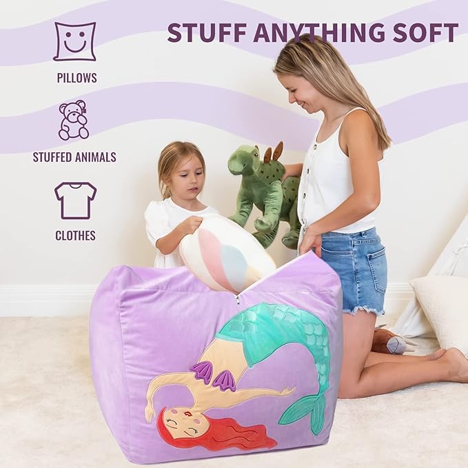 Aubliss Unicorn Stuffed Animal Storage Bean Bag Chair for Kids, Velvet Extra Soft Beanbag Chairs Cover, X-Large Stuffable Zipper Bean Bag for Organizing Plush Toys Girls Bedroom Decor, Purpl