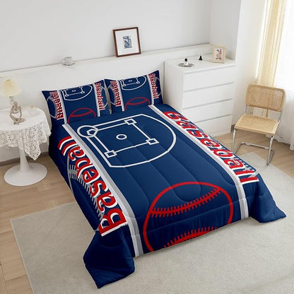 Feelyou Baseball Print Bedding Set King Size Sports Game Comforter Set for Kids Boys Girls Decor Baseball Gaming Comforter Microfiber Ball Duvet Set Bedroom Quilt Set