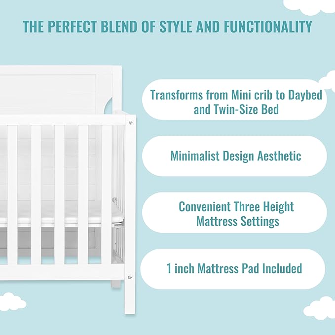 Bellport 4 in 1 Convertible Mini/Portable Crib In White, Non-Toxic Finish, Made of Sustainable New Zealand Pinewood, With 3 Mattress Height Settings