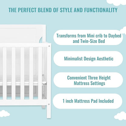 Bellport 4 in 1 Convertible Mini/Portable Crib In White, Non-Toxic Finish, Made of Sustainable New Zealand Pinewood, With 3 Mattress Height Settings