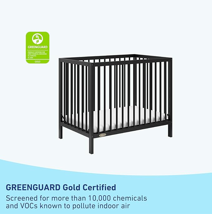 Graco Teddi 4-in-1 Convertible Mini Crib with Bonus Water-Resistant Mattress (Black) – GREENGUARD Gold Certified, 2.75-Inch Mattress Included, Convenient Size, Easy 30-Minute Assembly
