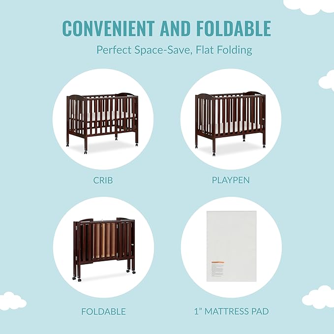 Dream On Me 2 in 1 Portable Folding Stationary Side Crib in Espresso, Greenguard Gold Certified 40x26x38 Inch (Pack of 1)