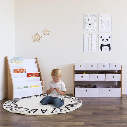 Humble Crew Kids Toy Organizer with 9 Collapsible Fabric Storage, Natural Wood and White Bins