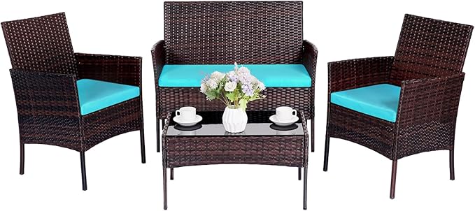 Patio Furniture Set,4 Piece Garden Conversation Set, Outdoor Wicker Rattan Table and Chairs, Black Patio Set, Sectional Sofa with Thick Cushion for Garden, Yard, or Porch (Brown/Blue)
