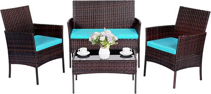 Patio Furniture Set,4 Piece Garden Conversation Set, Outdoor Wicker Rattan Table and Chairs, Black Patio Set, Sectional Sofa with Thick Cushion for Garden, Yard, or Porch (Brown/Blue)