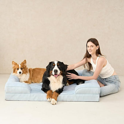 EHEYCIGA Orthopedic Dog Bed for Large Dogs, Waterproof Memory Foam with Sides, Non-Slip Bottom and Egg-Crate Foam Couch Bed with Washable Removable Cover, Light Blue