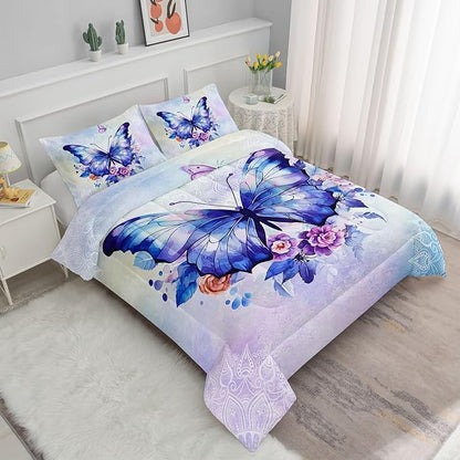 Datura home Kids Comforter Set Butterfly Printed Pattern Bedding Set with 1 Comforter and 2 Pillowcases for Girls Boys Bedroom All Season(Butterfly3 Twin)