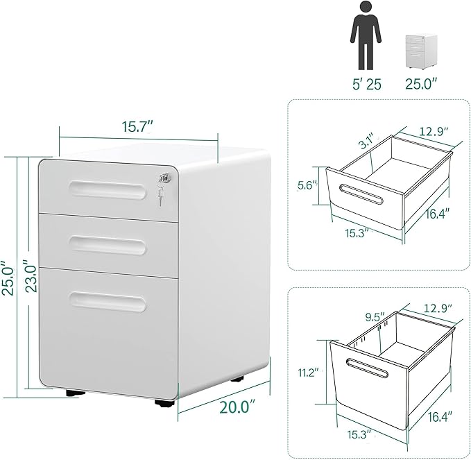 YITAHOME 3-Drawer Metal Mobile File Cabinet, Rolling Filing Cabinet with Lock, Filing Cabinet Under Desk fits Legal/A4 Size for Home/Office, Fully Assembled,White and Grey
