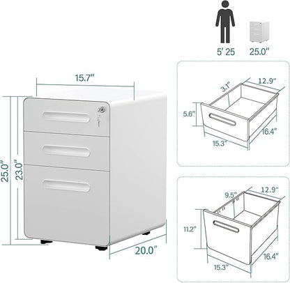 YITAHOME 3-Drawer Metal Mobile File Cabinet, Rolling Filing Cabinet with Lock, Filing Cabinet Under Desk fits Legal/A4 Size for Home/Office, Fully Assembled,White and Grey