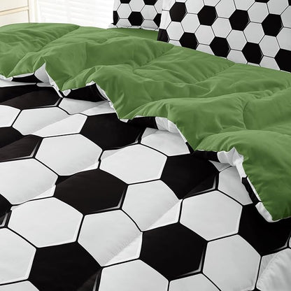 Soccer Comforter Set Twin for Boys Girls, 4 Pieces Soccer Bedding Twin Bed in a Bag Set with Sheets, Black and White Bed Sets for Teenage