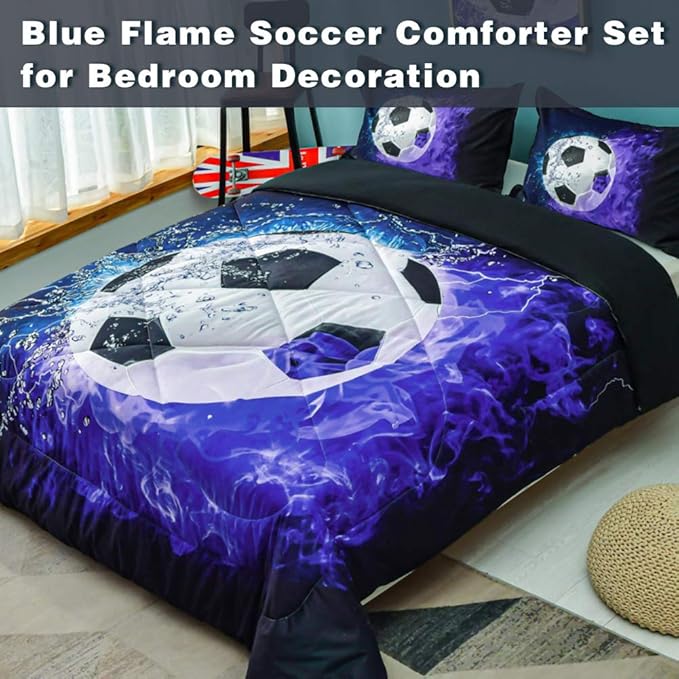 Andency 3D Soccer Comforter Queen(90x90 Inch), 3 Pieces(1 Soccer Comforter, 2 Pillowcases) Blue Flame Soccer Comforter Sport Microfiber Bedding Set for Boy Girl Kids Teens