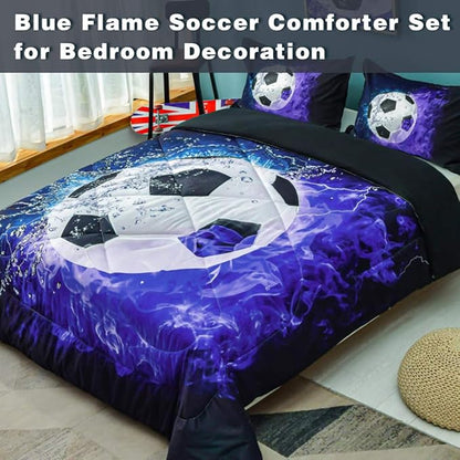 Andency 3D Soccer Comforter Queen(90x90 Inch), 3 Pieces(1 Soccer Comforter, 2 Pillowcases) Blue Flame Soccer Comforter Sport Microfiber Bedding Set for Boy Girl Kids Teens