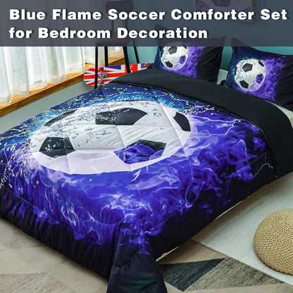 Andency Soccer Comforter Twin(66x90 Inch), 2 Pieces(1 Soccer Comforter, 1 Pillowcase) Blue Flame Soccer Comforter Set Sport Microfiber Bedding Set for Boy Girl Kids, Teen