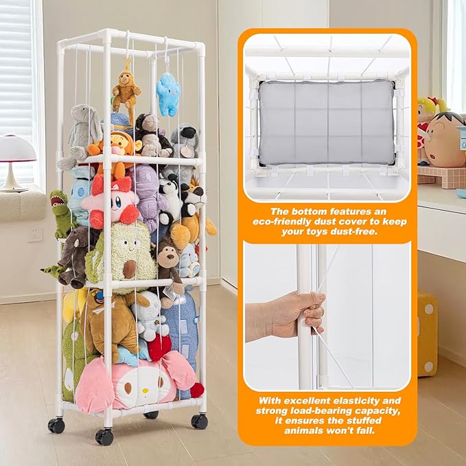 Stuffed Animal Zoo Storage, Extra Large Stuffed Animal Holder with Dust Cloth and Universal Wheels, Toy Storage Organizer, Plush Storage Organizer Shelf for Birthday Gift, Nursery Play Room Bedroom