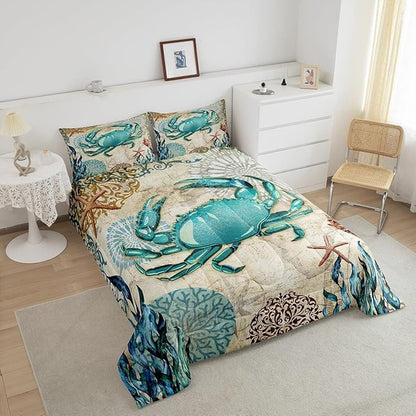 Sea Beach Theme Comforter Set Kids Beach Crabs Print King Bedding 3D Sea Animal Crab Luxury Microfiber Quilted Duvet Set with 2 Pillowcases,Soft Lightweight Marine Life Decorative Bedding Soft Fluffy