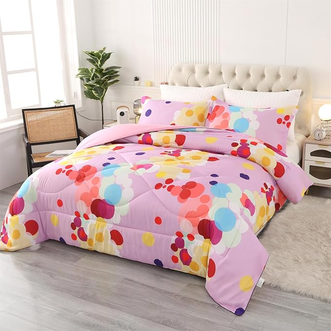 ENCOFT Pink Comforter Set Queen for Girls and Boys, Premium 3 Piece Colorful Bubbles Bedding Set Color, Comfortable and Breathable for Teens and Adults, 1 Comforter and 2 Pillowcases