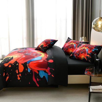 Gamer Comforter Set for Boys Kids, 6 Pcs Bed in a Bag Game Controller Boys Bediing Set Twin Size for All Season