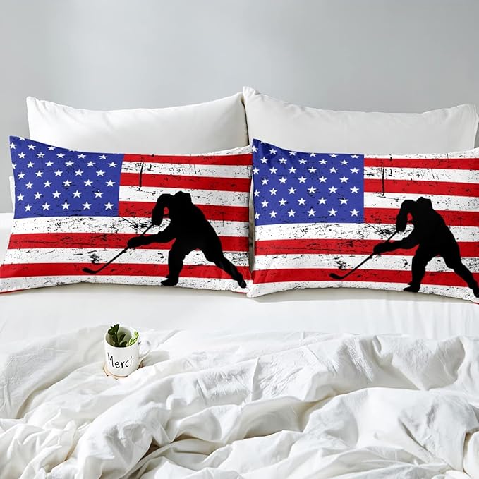 Erosebridal American Flag Comforter Set Full, Hockey Bedding Set United States Sports Games Down Comforter for Kids Boys Teens Bedroom, Red White Geometric Stripes Duvet Sets with 2 Pillowcases