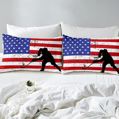 Erosebridal American Flag Comforter Set Queen, Hockey Bedding Set United States Sports Games Down Comforter for Kids Boys Teens Bedroom, Red White Geometric Stripes Duvet Sets with 2 Pillowcases