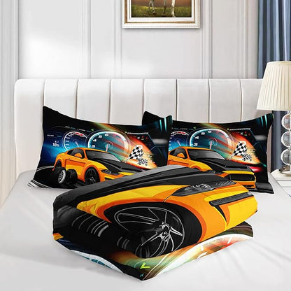 Axolotl Race Car Bedding Set Twin Size,Boys Extreme Sports Comforter Set for Kids Boys Car Racing Gifts,Yellow Cool Car Comforter Car Sports Quilt Set 1 Comforter with 2 Pillowcase Car Racing Gifts