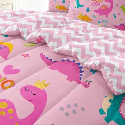 Girls Dinosaur Bedding Twin Green Pink Dinosaur Comforter Set, Cute Cartoon Down Comforter for Little Girls Teens Kids Adults Room Decor, Reversible Bed-in-a-Bag 5-Piece Bed Sets