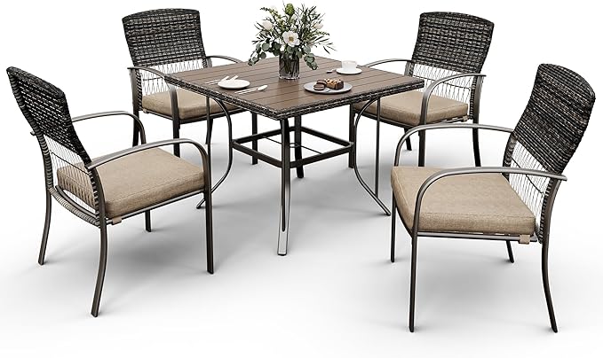 Patio Dining Set for 4, 5PCS Patio Table & Chair Set,Plastic-Wood Table Top with 1.6" Umbrella Hole, All-Weather Wicker Patio Dining Furniture with Removable Cushions for Deck, Lawn, Garden(Beige)
