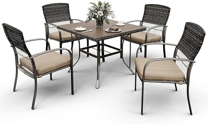 Patio Dining Set for 4, 5PCS Patio Table & Chair Set,Plastic-Wood Table Top with 1.6" Umbrella Hole, All-Weather Wicker Patio Dining Furniture with Removable Cushions for Deck, Lawn, Garden(Beige)