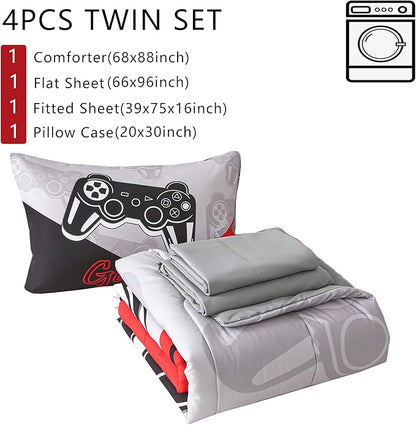 KAKKI 4 Piece Boys Twin Gamer Comforter Set with Sheets, 3D Colorful Video Game Controller Comforter for Kids Teen, All Season Soft Microfiber Gaming Bedding Set(Red,Twin)