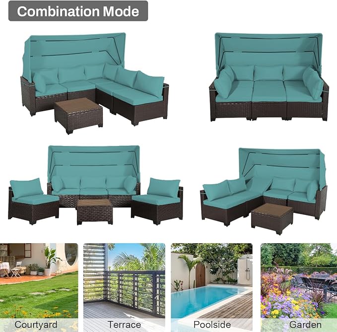 6 PCS Outdoor Patio Furniture Set,Sectional Sofa Set,Rattan Daybed with Retractable Canopy,Adjustable Backrest,Storage Coffee Table,Chaise Chair Sunbed for Garden Poolside Backyard(Walnut Green)