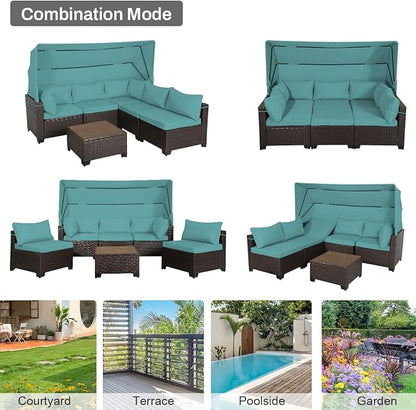 6 PCS Outdoor Patio Furniture Set,Sectional Sofa Set,Rattan Daybed with Retractable Canopy,Adjustable Backrest,Storage Coffee Table,Chaise Chair Sunbed for Garden Poolside Backyard(Walnut Green)