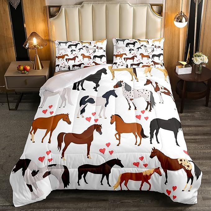 Kawaii Comforter Horse Comforter Set Queen Farm Bedding Set Kids Boys Girls Cute Animal Duvet Set Cartoon Horses with Pink Lover Heart Bedroom Decor Duvet Set Cowboy Cowgirls Comforter Set