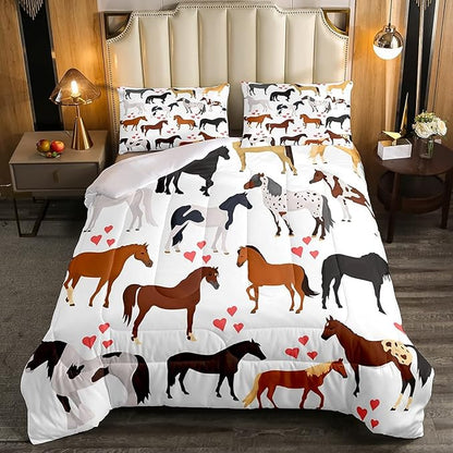 Kawaii Comforter Horse Comforter Set Queen Farm Bedding Set Kids Boys Girls Cute Animal Duvet Set Cartoon Horses with Pink Lover Heart Bedroom Decor Duvet Set Cowboy Cowgirls Comforter Set