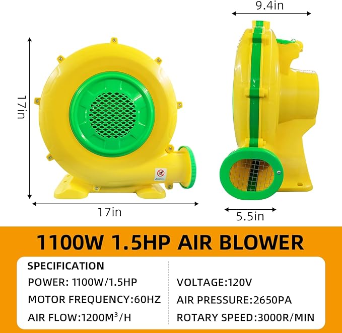 Inflatable Bounce House Blower, QILEBA 1100Watt/1.5HP Powerful Air Blower for Large Inflatables, Portable Bubble House Blower Fan Pump for Spray Booth, Bouncy Castle, Jumper, Water Slid, Blower Corded