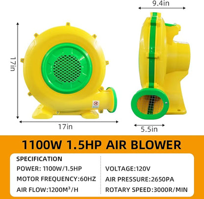 Inflatable Bounce House Blower, QILEBA 1100Watt/1.5HP Powerful Air Blower for Large Inflatables, Portable Bubble House Blower Fan Pump for Spray Booth, Bouncy Castle, Jumper, Water Slid, Blower Corded