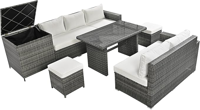 6-Piece Outdoor Furniture Set with Dining Table, Adjustable Seat and Storage Box, All Weather PE Rattan Patio Conversation Sofa L-Shaped Couch for Garden Lawn, Grey Wicker+Beige Cushion