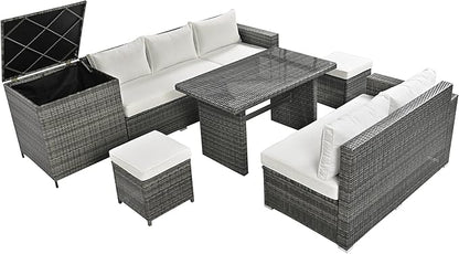 6-Piece Outdoor Furniture Set with Dining Table, Adjustable Seat and Storage Box, All Weather PE Rattan Patio Conversation Sofa L-Shaped Couch for Garden Lawn, Grey Wicker+Beige Cushion