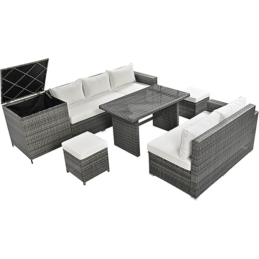 6-Piece Patio Furniture Set, L-Shaped Outdoor PE Wicker Rattan Sectional ConversationSet with Adjustable Seat, Storage Box, Removable Covers and Tempered Glass Top Table, for Backyard