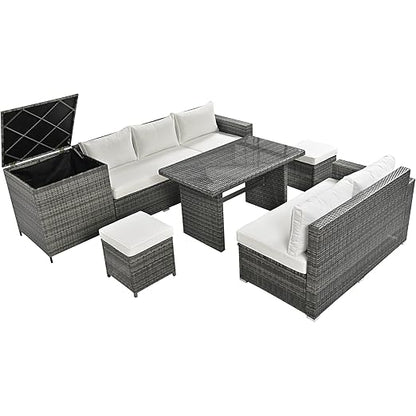 6-Piece Patio Furniture Set, L-Shaped Outdoor PE Wicker Rattan Sectional ConversationSet with Adjustable Seat, Storage Box, Removable Covers and Tempered Glass Top Table, for Backyard
