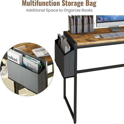 DKLGG Computer Desk 39" Home Office Desk Laptop Study Table Workstation with A Storage Bag and Headphone Hook Retro Industrial Design Small Computer Desk for Teens, Brown