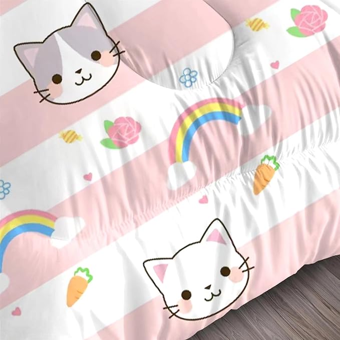 Cat Bedding Twin Size Pink Plaid Rainbow Comforter Set for Girls Kids Children Cloud Cute Kawaii Boho Bedroom Dorm Quilt 1 Comforter + 1 Pillow Case